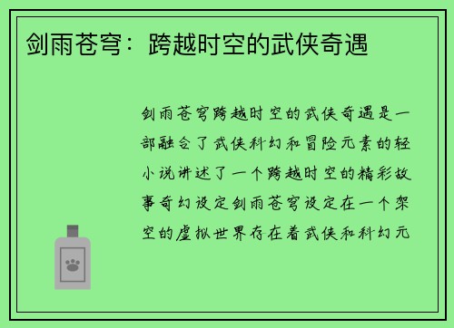 剑雨苍穹：跨越时空的武侠奇遇
